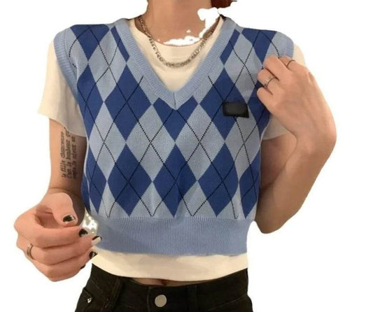 Summer American Rhombus Blue Cropped Knitted Vest for Women - Solstik