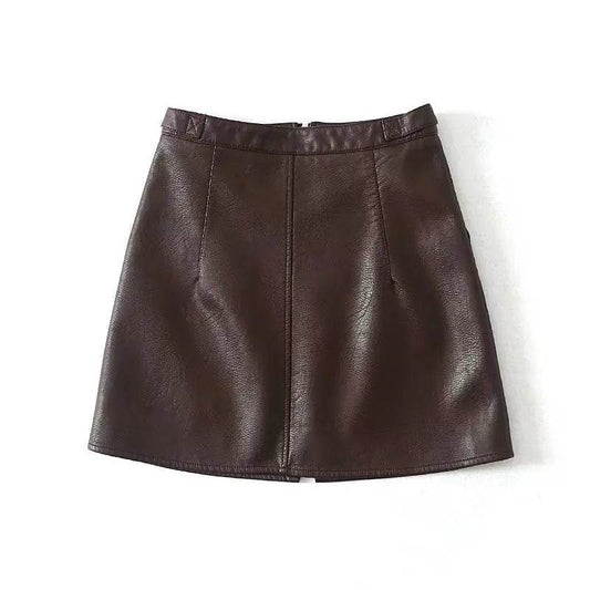 High Waist Slim Zipper A-Line PU Leather Mini Skirt - Solstik