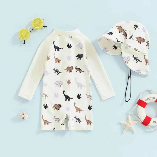 Baby Toddler Boy 2Pcs Swimwear Set Dinosaurs / Turtle / Whale Print Long Sleeve Swimsuit Sun Hat Bathing Suit Outfit Set
