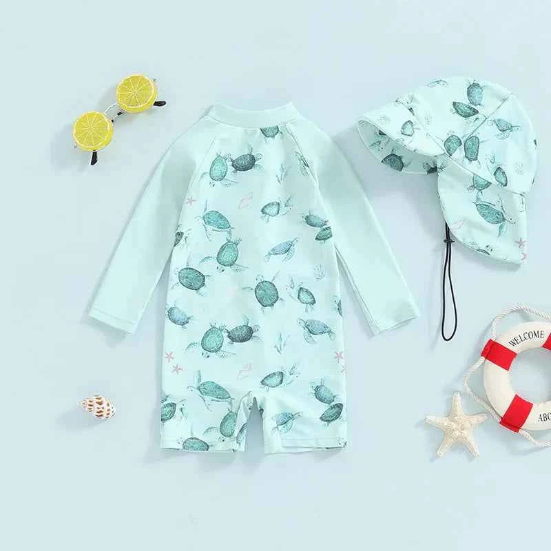 Baby Toddler Boy 2Pcs Swimwear Set Dinosaurs / Turtle / Whale Print Long Sleeve Swimsuit Sun Hat Bathing Suit Outfit Set