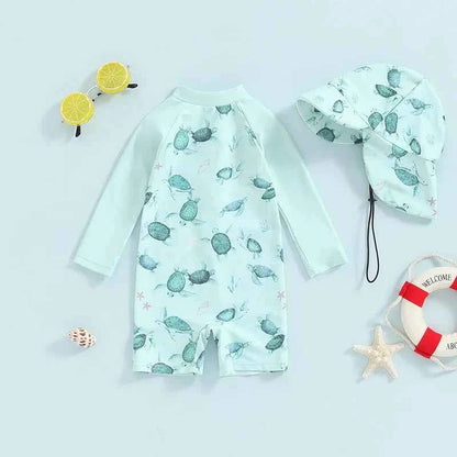 Baby Toddler Boy 2Pcs Swimwear Set Dinosaurs / Turtle / Whale Print Long Sleeve Swimsuit Sun Hat Bathing Suit Outfit Set