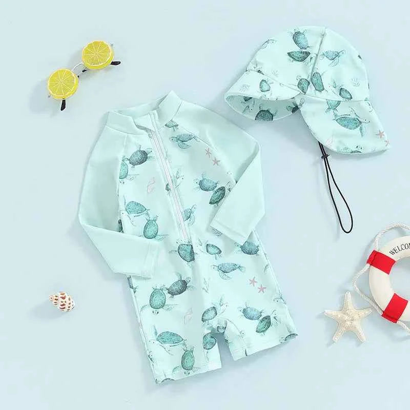 Baby Toddler Boy 2Pcs Swimwear Set Dinosaurs / Turtle / Whale Print Long Sleeve Swimsuit Sun Hat Bathing Suit Outfit Set