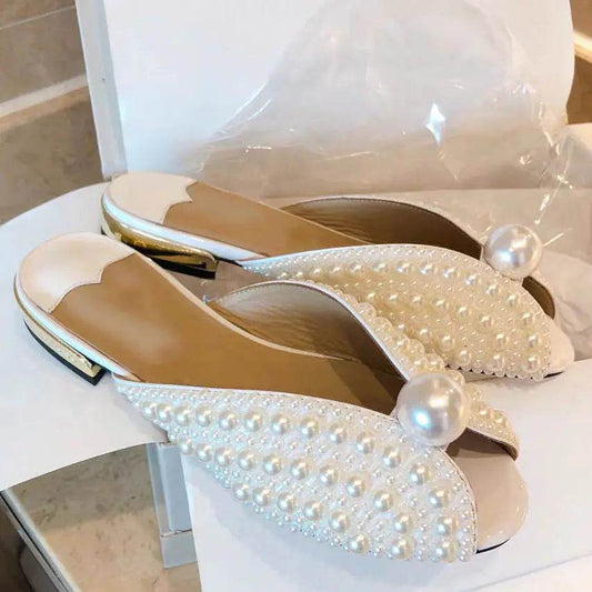 Custom Handmade High-End Pearl Fish Mouth Sandals - Solstik