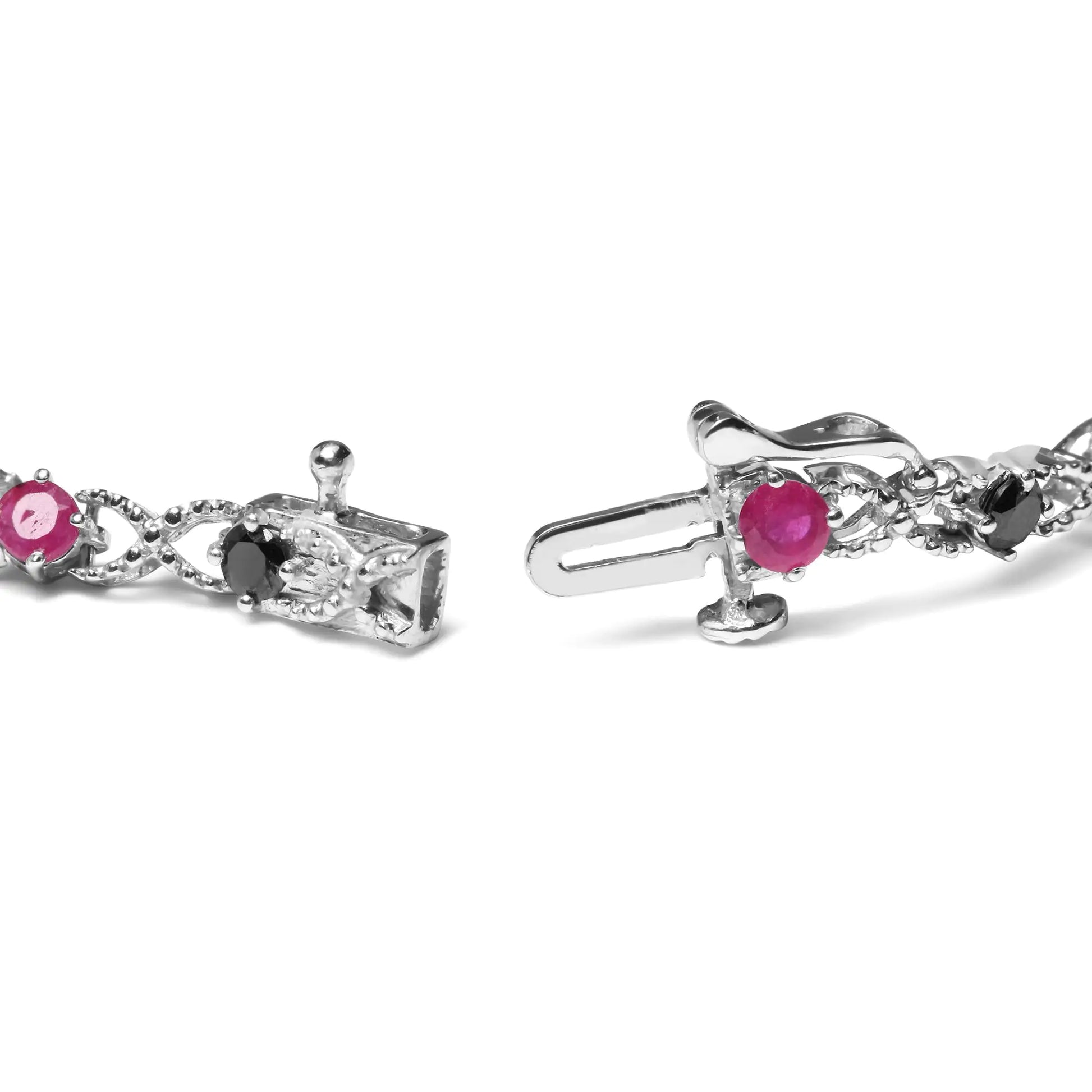 .925 Sterling Silver 1.00 Cttw Treated Black Diamond with 3.00mm Lab Created Pink Ruby 7.25" X-Link Bracelet (Black Color, I2-I3 Clarity) - Solstik