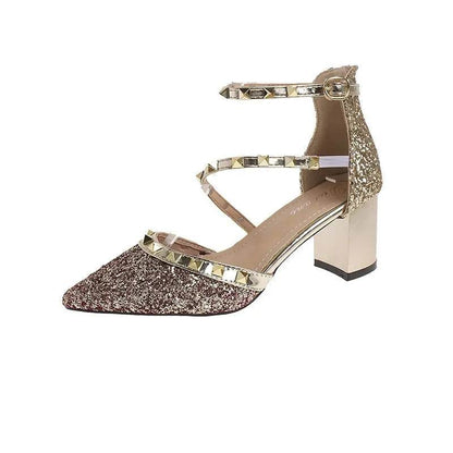 Sequined Block Heel Rivet Dance Shoes - Solstik