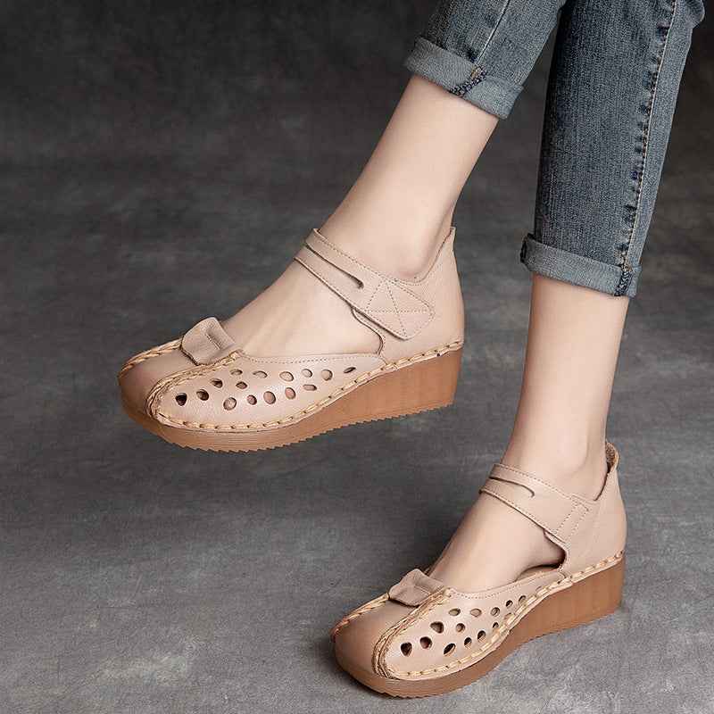 Slope Heel Comfortable Top Layer Cowhide Women's Shoes With Hollowed Out Toe Caps