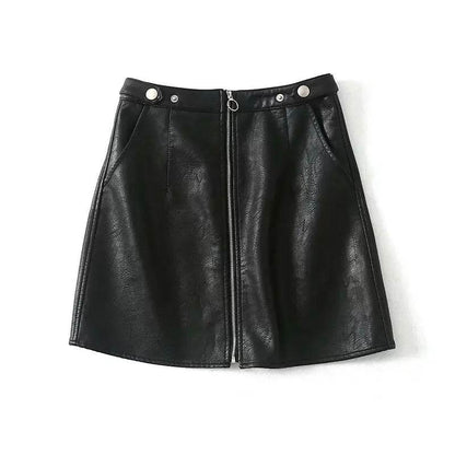 High Waist Slim Zipper A-Line PU Leather Mini Skirt - Solstik