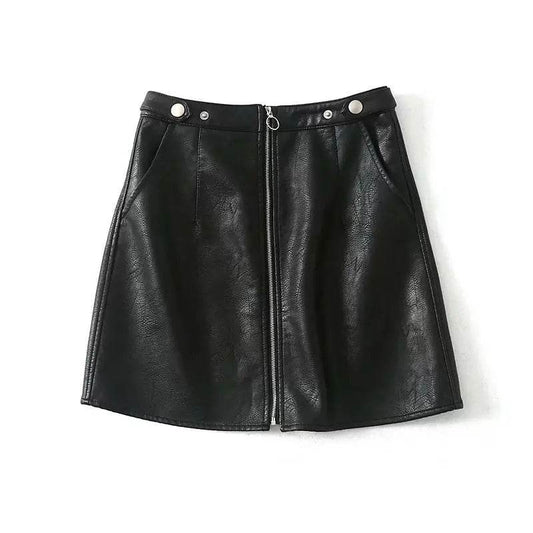 High Waist Slim Zipper A-Line PU Leather Mini Skirt - Solstik