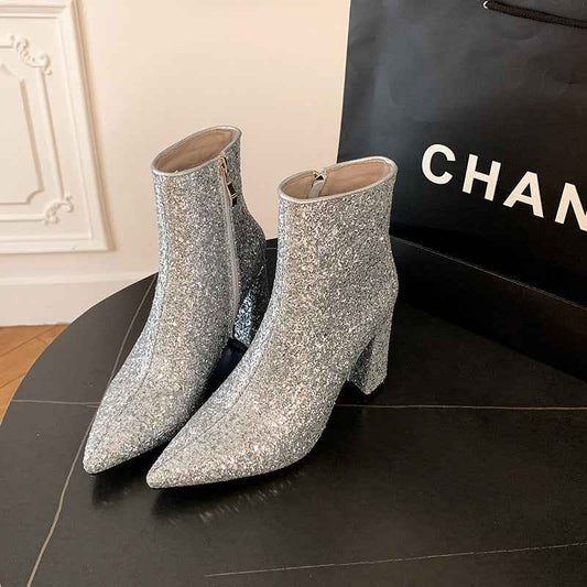 Pointed Toe Chunky Heel Sequined Fashion Women's Boots