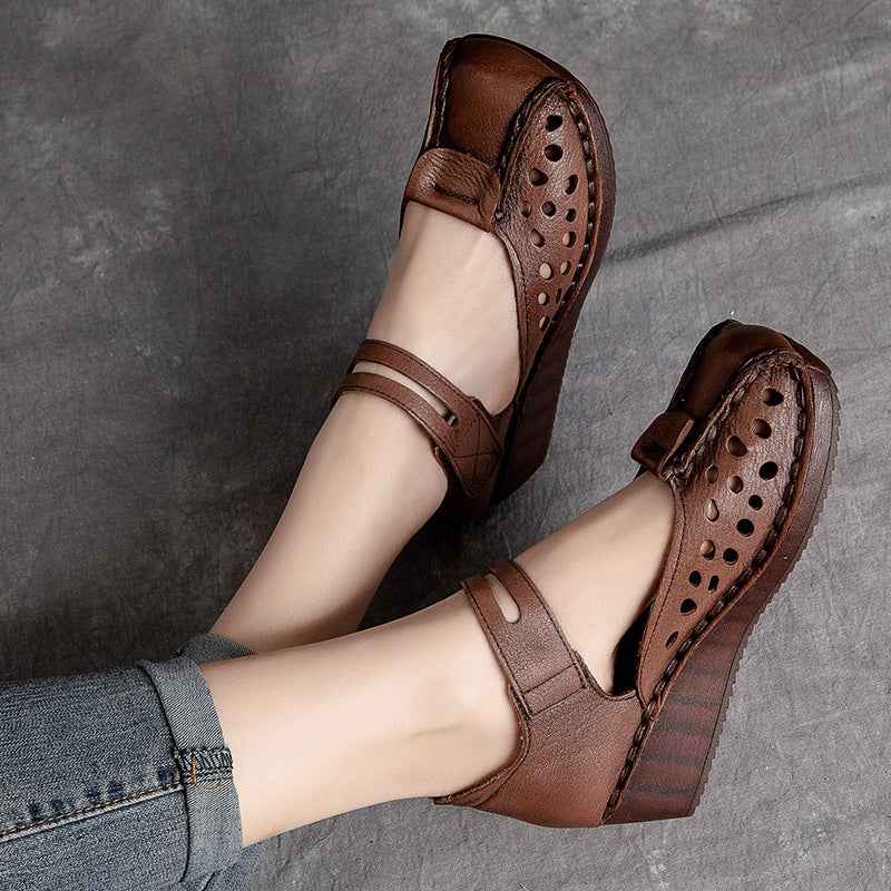 Slope Heel Comfortable Top Layer Cowhide Women's Shoes With Hollowed Out Toe Caps