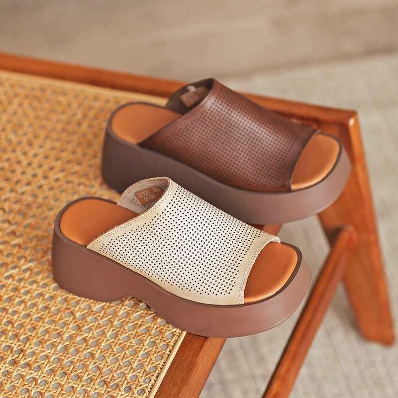 Retro Handmade First Layer Cowhide High-end Breathable Hollow-out Platform Fish Mouth Casual Slippers