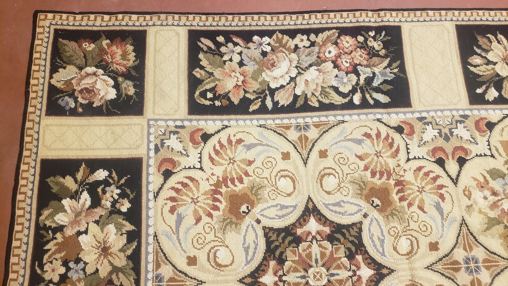 Needlepoint Rug 8x10ft Allover European Design Flowers 100% Wool Hand Knotted Aubusson Area Rug Brand New Flatweave Needle Point Carpet Chic
