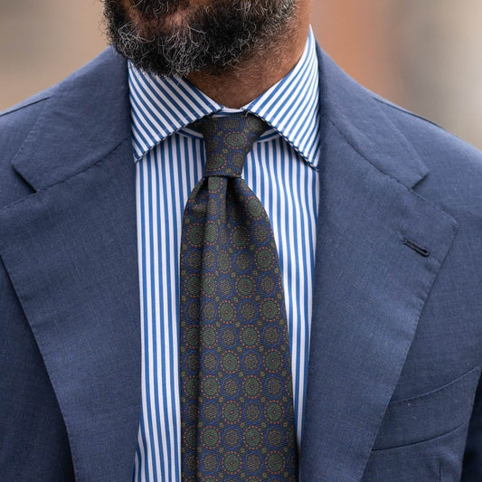 Moretti - Printed Silk Tie - Navy & Green - Solstik