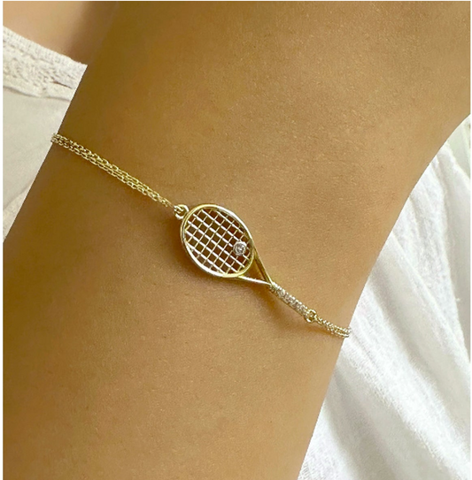 14K Solid Gold Tennis Racket Charm Bracelet - Solstik