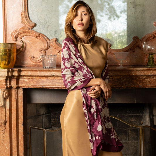 Esmeralda - Silk Scarf Shawl - Burgundy & Gold - Solstik