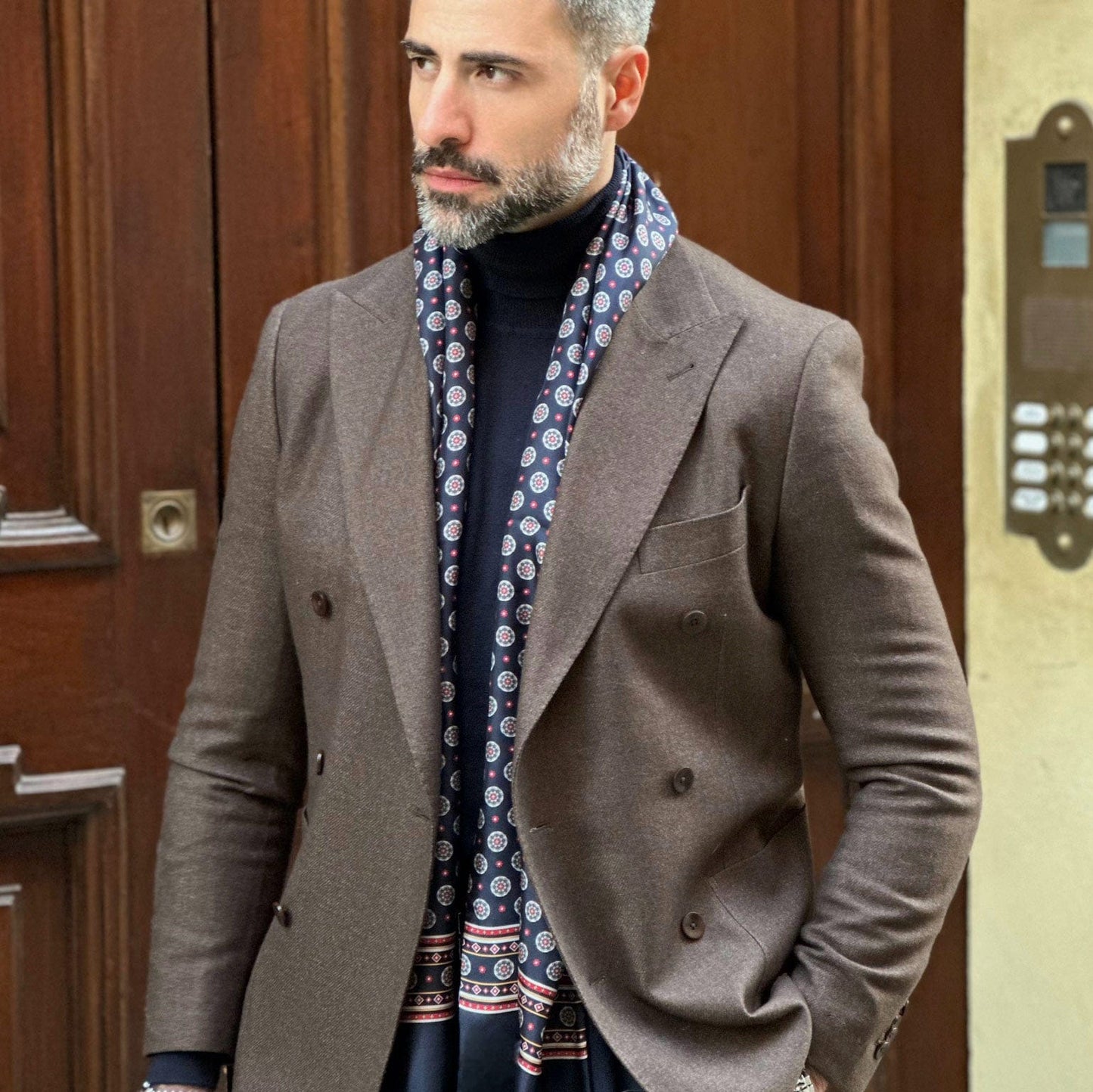 Palatino - Wool Backed Silk Scarf - Navy, Grey & Burgundy - Solstik
