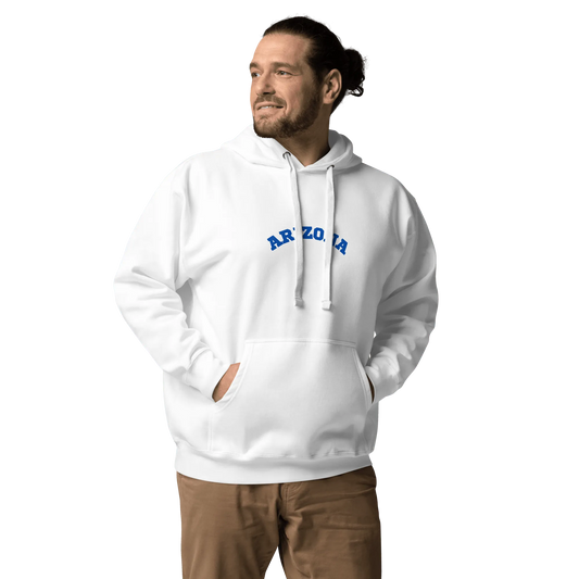 Solstik comfortable white hoodie for men and women with Arizona text and front pocket