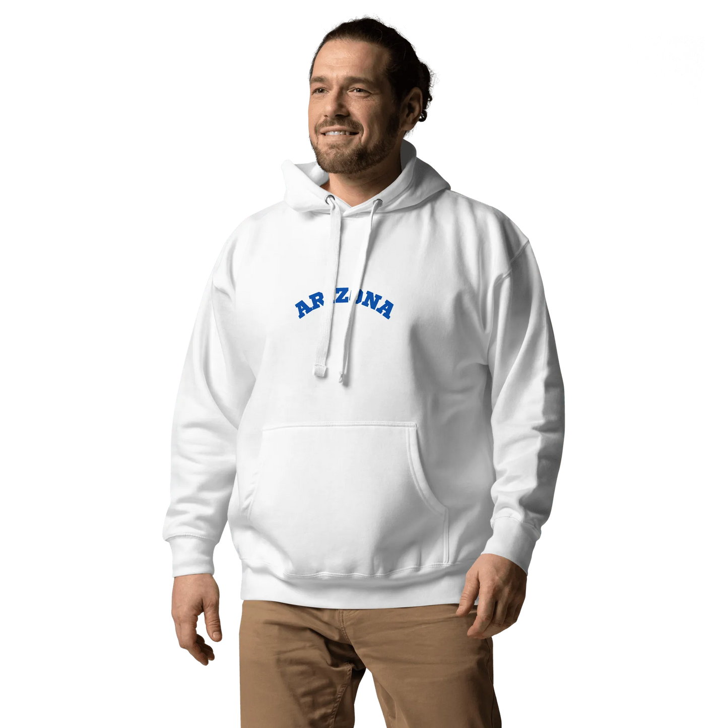 Comfortable white hoodie for men and women with Arizona logo worn by smiling man