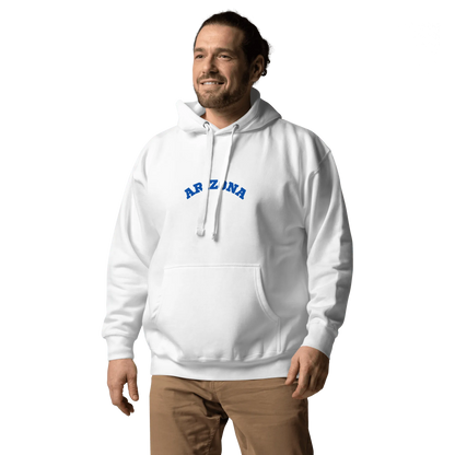 Comfortable white hoodie for men and women with Arizona logo worn by smiling man