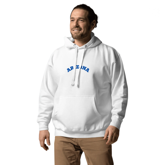 Comfortable white hoodie for men and women with Arizona logo worn by smiling man