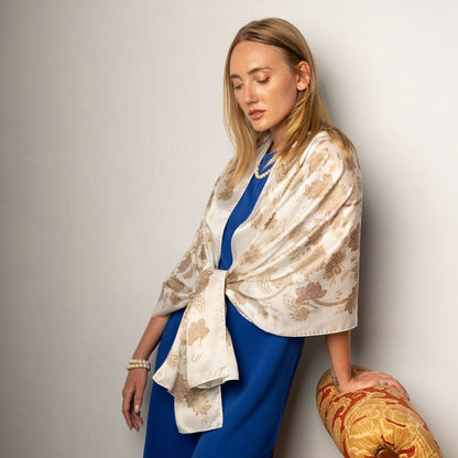 Esmeralda - Silk Scarf Shawl - Soft White & Gold - Solstik