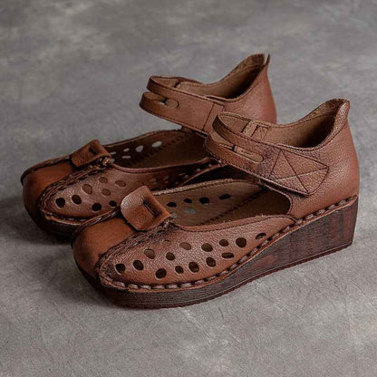 Slope Heel Comfortable Top Layer Cowhide Women's Shoes With Hollowed Out Toe Caps