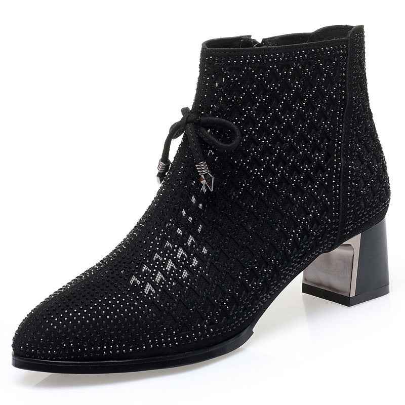 Women's Shoes Chunky Heel Mesh Boots Hollow Rhinestone High Heels