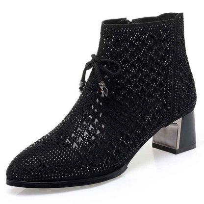 Women's Shoes Chunky Heel Mesh Boots Hollow Rhinestone High Heels