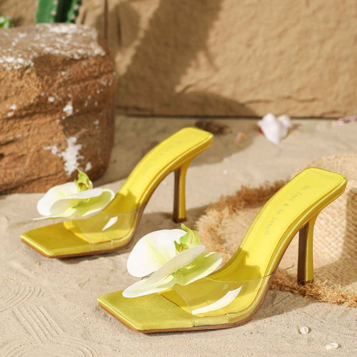 Flower Decoration Open Toe High Heel Slippers Female Summer