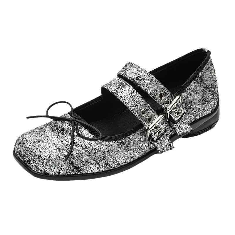 Women's Genuine Leather Silver Mary Jane Shoes Square Toe Vintage Flat Shoes