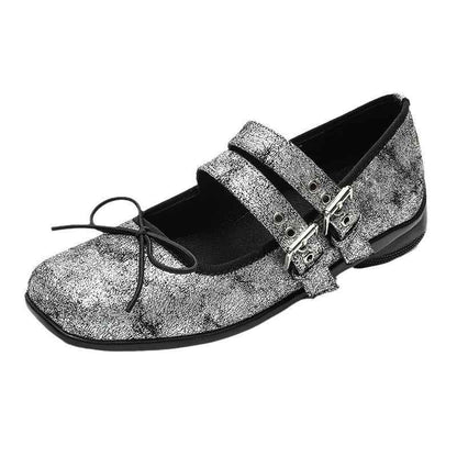 Women's Genuine Leather Silver Mary Jane Shoes Square Toe Vintage Flat Shoes