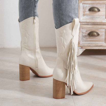 Embroidered Tassel White New Western Cowboy Boot