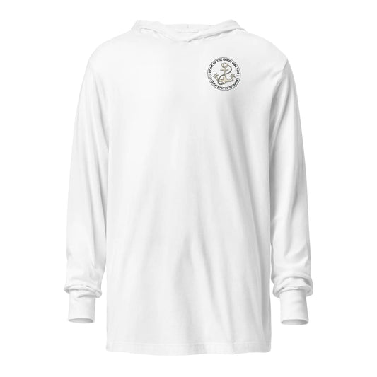 White designer casual long sleeve hoodie by Solstik with small anchor logo on chest