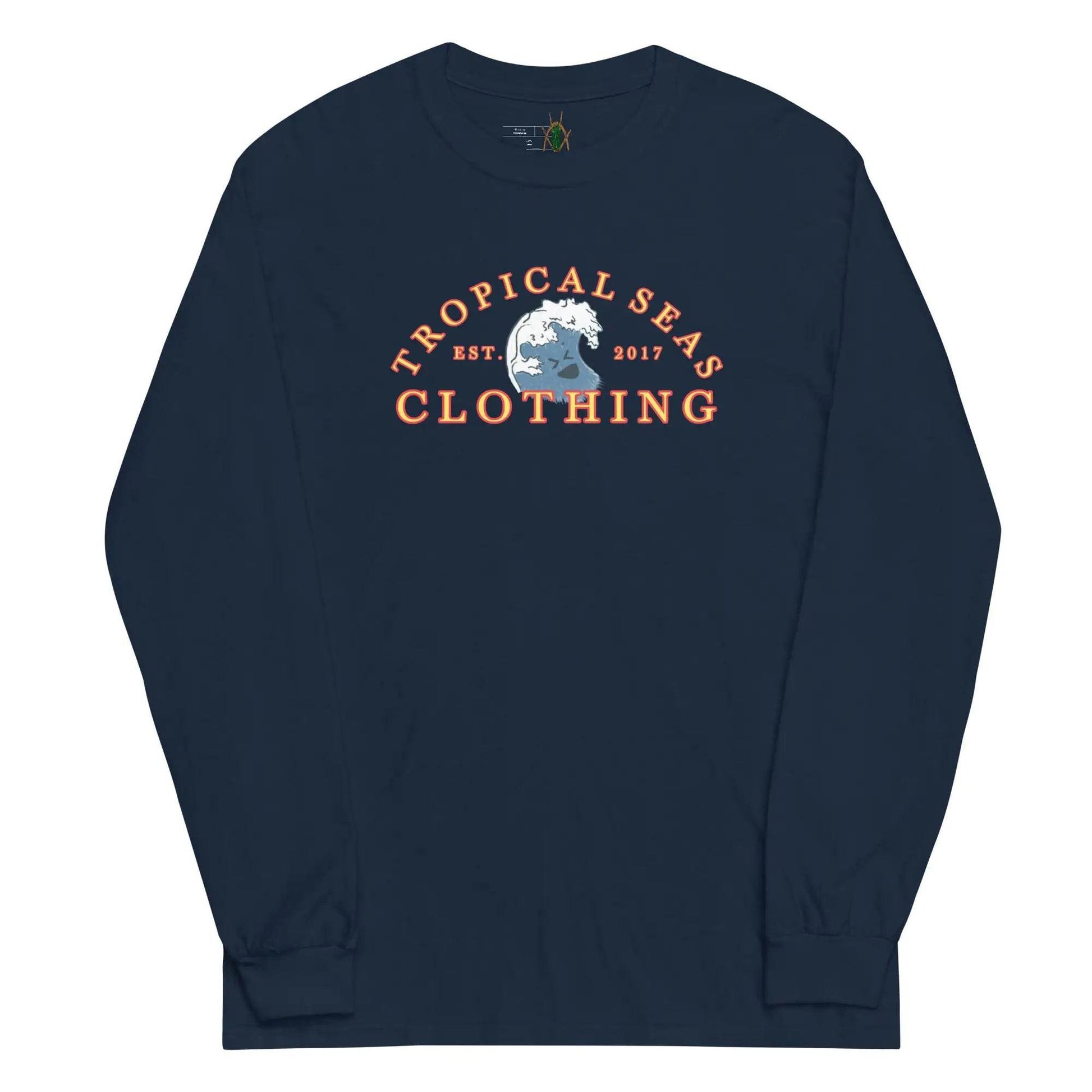 Solstik designer men's beachwear shirt navy blue long sleeve with tropical seas logo print