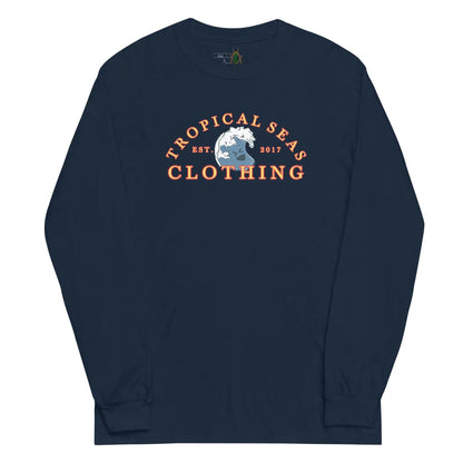 Solstik navy long sleeve designer men's beachwear shirt with Tropical Seas Clothing graphic