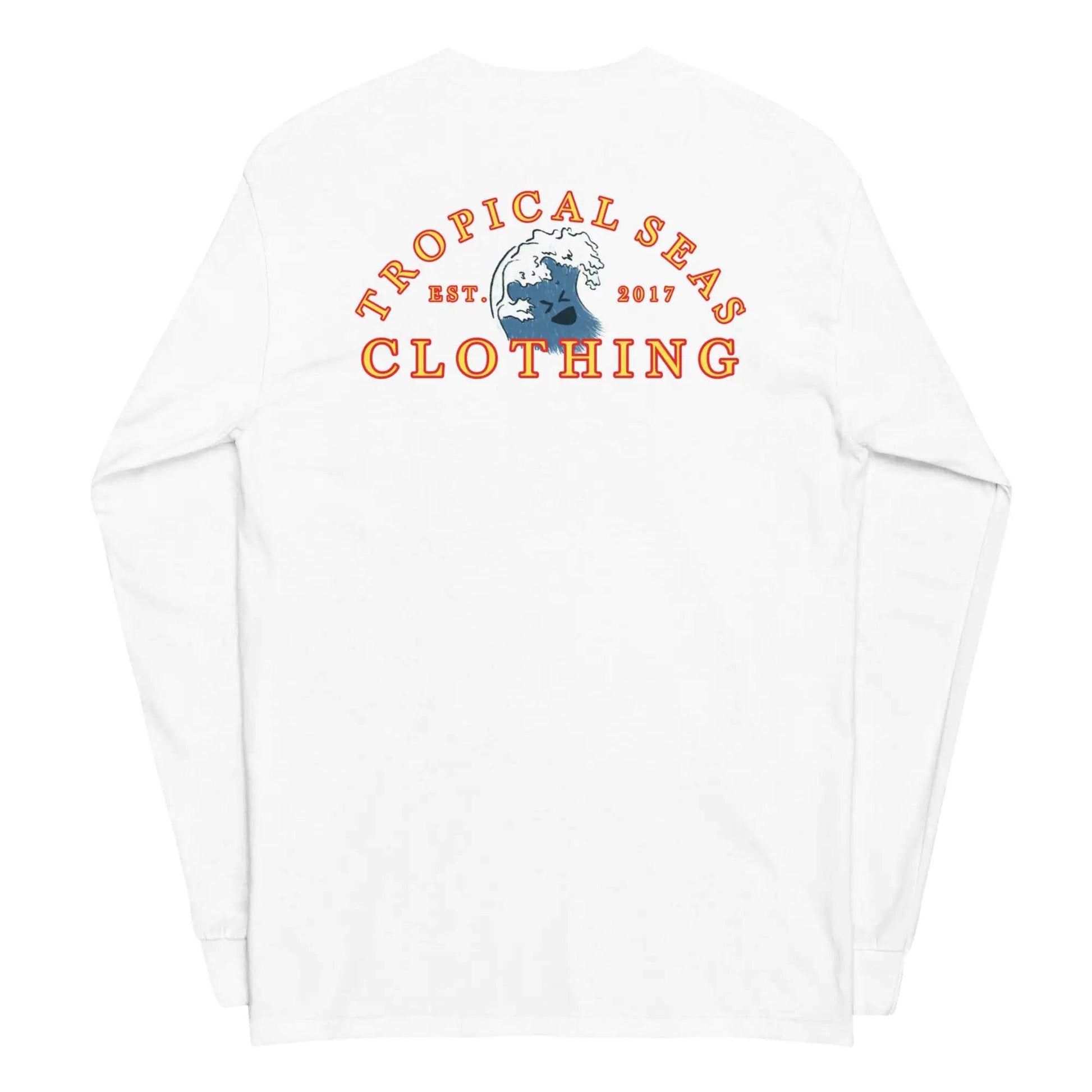 Solstik white designer men's beachwear shirt with Tropical Seas Clothing logo and wave graphic
