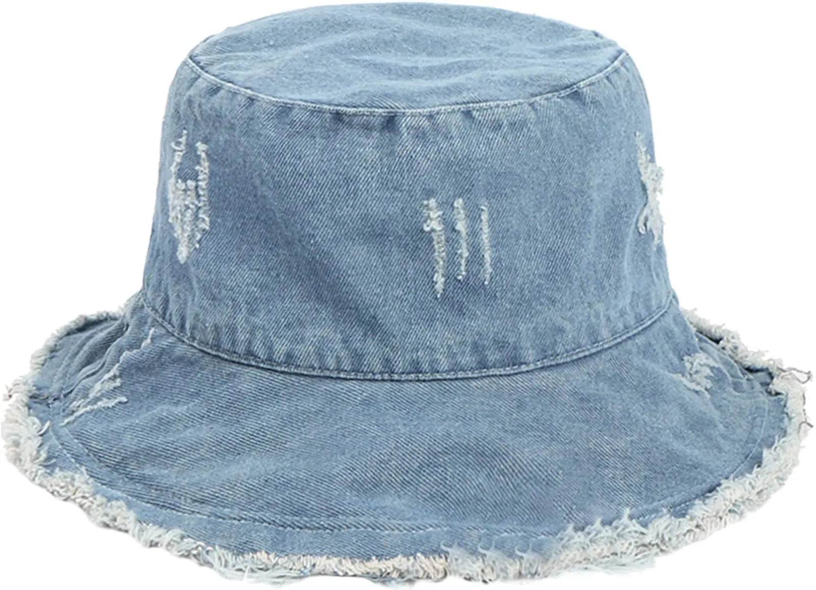 Solstik distressed denim street style hat with frayed edges and vintage worn look