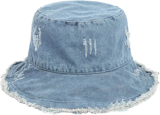 Solstik distressed denim street style hat with frayed edges and worn detailing