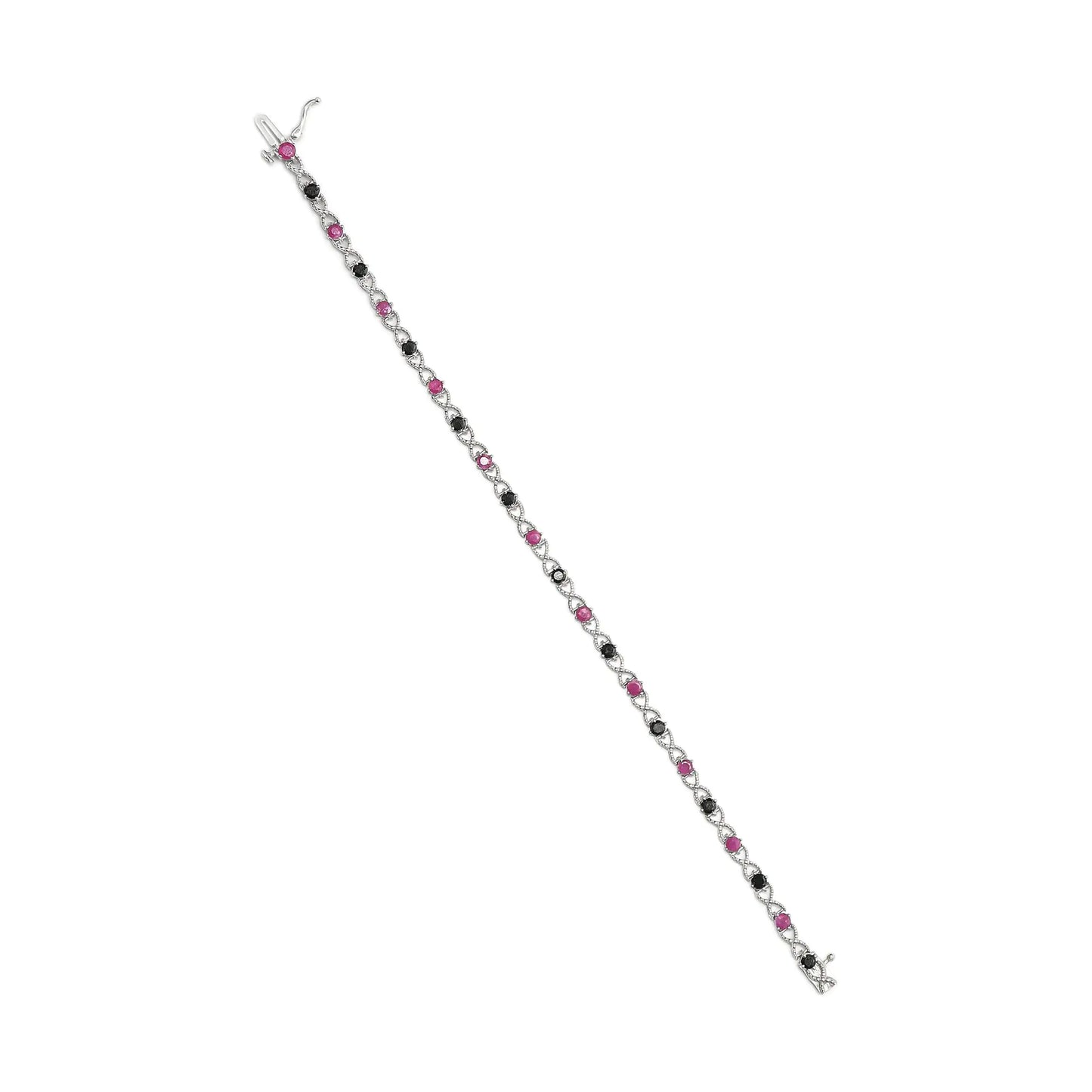.925 Sterling Silver 1.00 Cttw Treated Black Diamond with 3.00mm Lab Created Pink Ruby 7.25" X-Link Bracelet (Black Color, I2-I3 Clarity) - Solstik