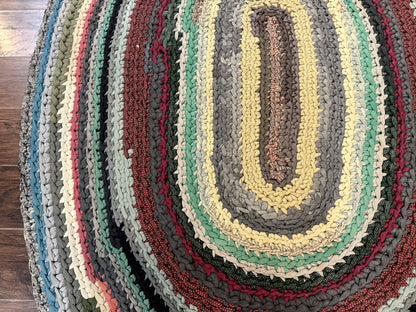 Antique American Braided Rug 5x7, Oval Multicolor Handmade Wool Braided Carpet