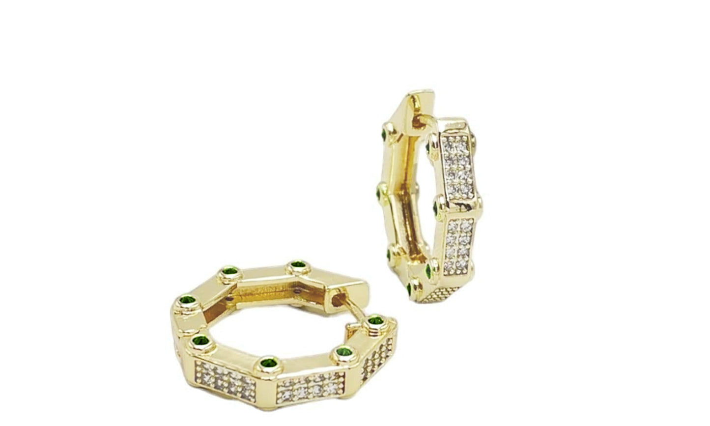 14K Solid Gold Emerald Stone Octagonal Earrings - Solstik