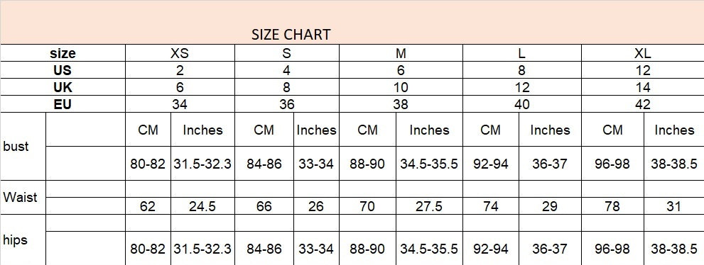 Size chart for Evelyn Belluci women's elegant sequin dress with slit in XS to XL sizes