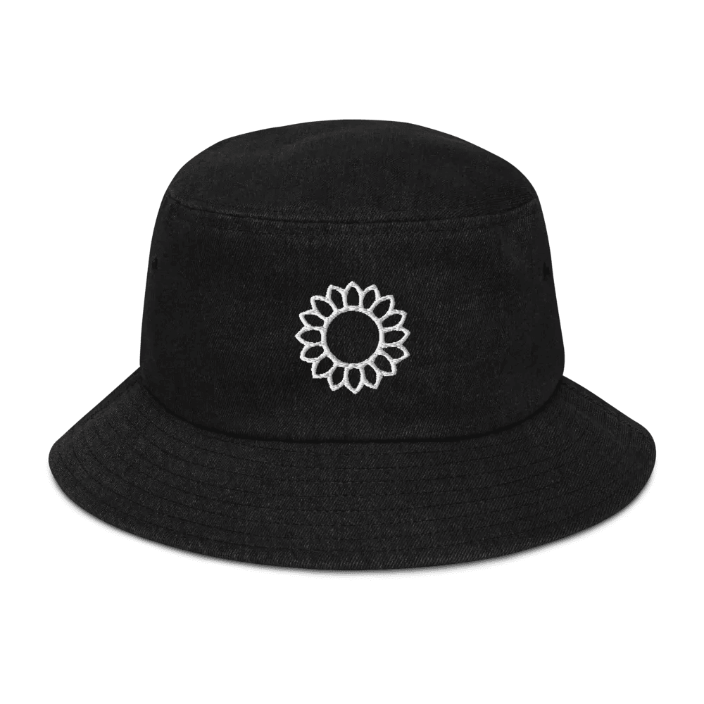 Black embroidered denim bucket hat with white sunflower design by Solstik