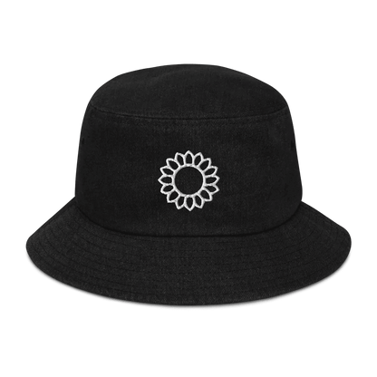 Black embroidered denim bucket hat with white sunflower design by Solstik