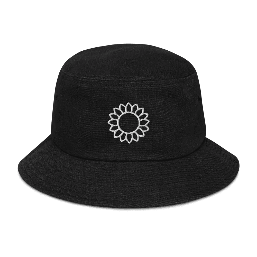 Solstik black embroidered denim bucket hat with white sunflower embroidery on front