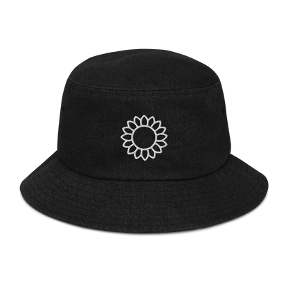 Solstik black embroidered denim bucket hat with white sunflower embroidery on front