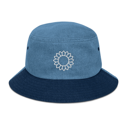 Solstik embroidered denim bucket hat in two-tone blue with white sunflower embroidery