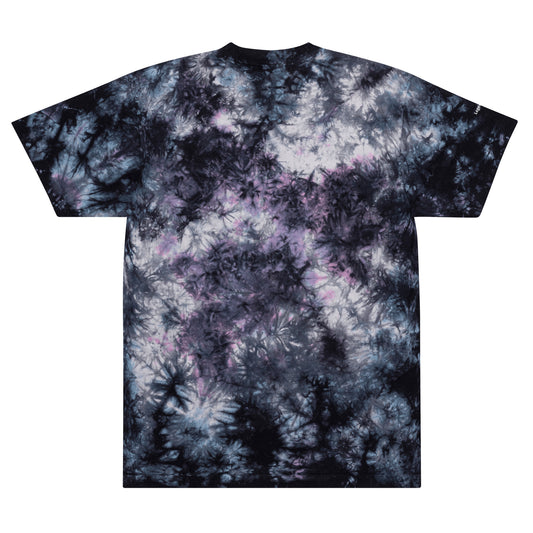 Solstik oversized tie-dye t-shirt back view in black gray and purple with marbleized pattern and relaxed fit