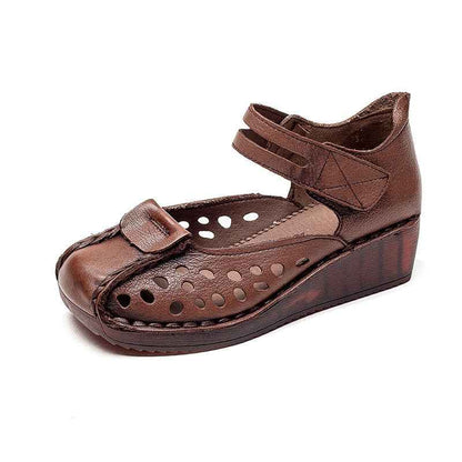 Slope Heel Comfortable Top Layer Cowhide Women's Shoes With Hollowed Out Toe Caps