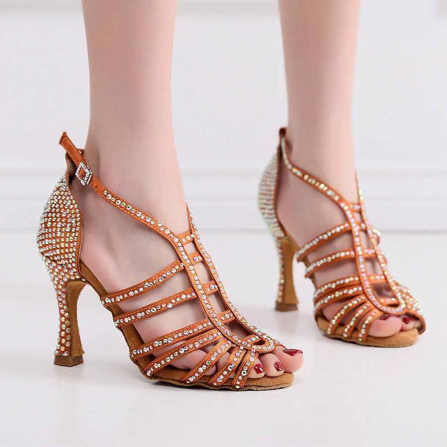 Women's High Heel Soft Soled Latin Dance Shoes Hot Drilling Bronze